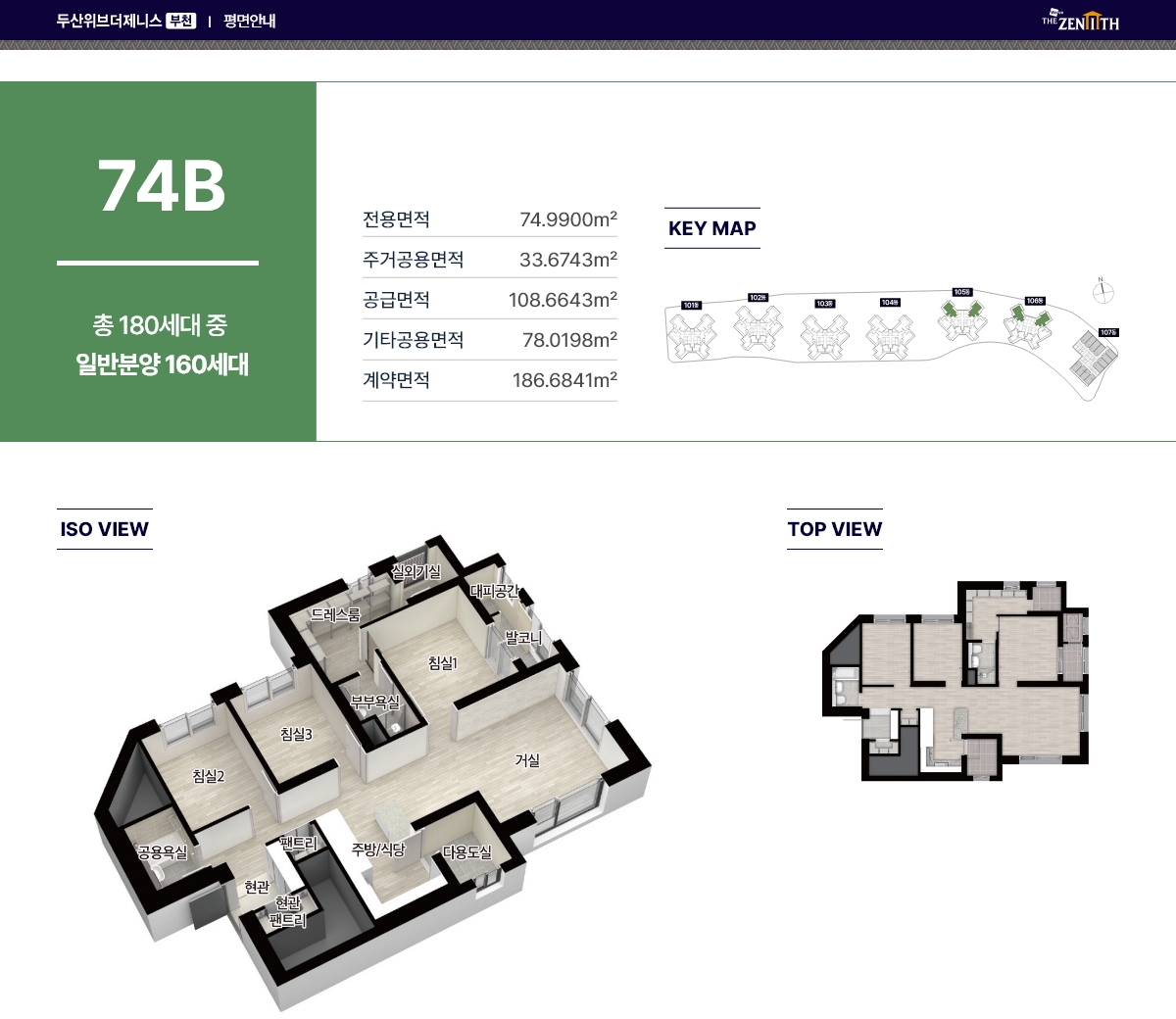 평형정보 74㎡B — 일반분양 160세대 · 전용 74.9900㎡ · 공급 108.6643㎡ · 계약 186.6841㎡