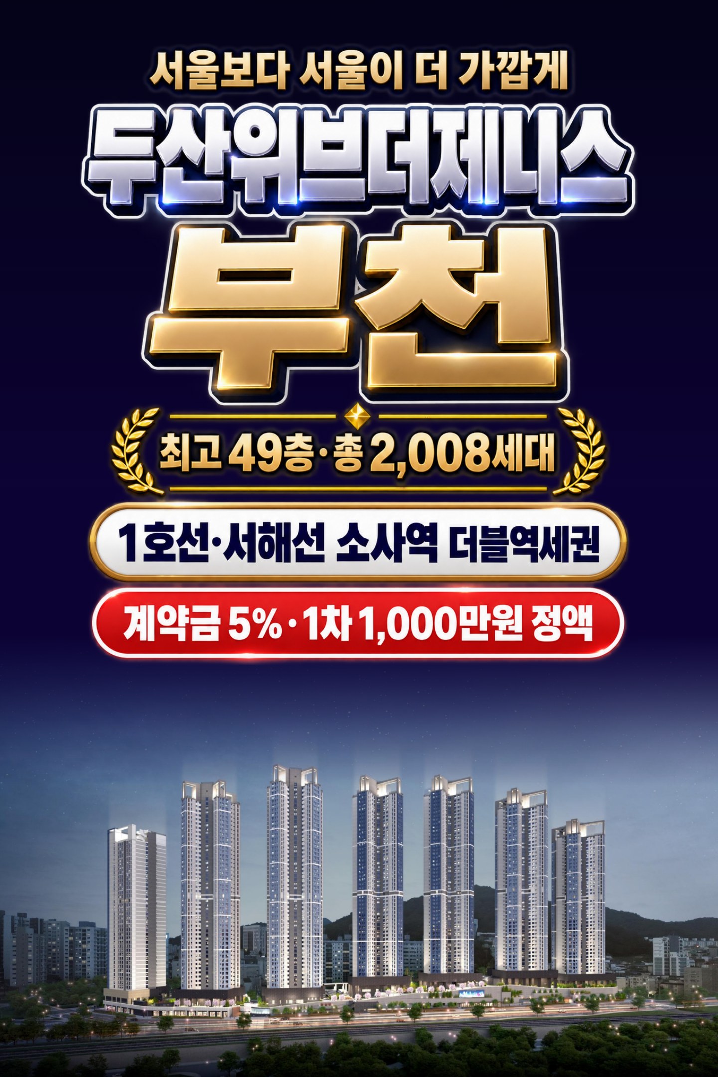 두산위브더제니스 부천 — 서울보다 서울이 더 가깝게. 최고 49층 · 총 2,008세대 · 1호선·서해선 소사역 더블역세권 · 계약금 5% · 1차 1,000만원 정액